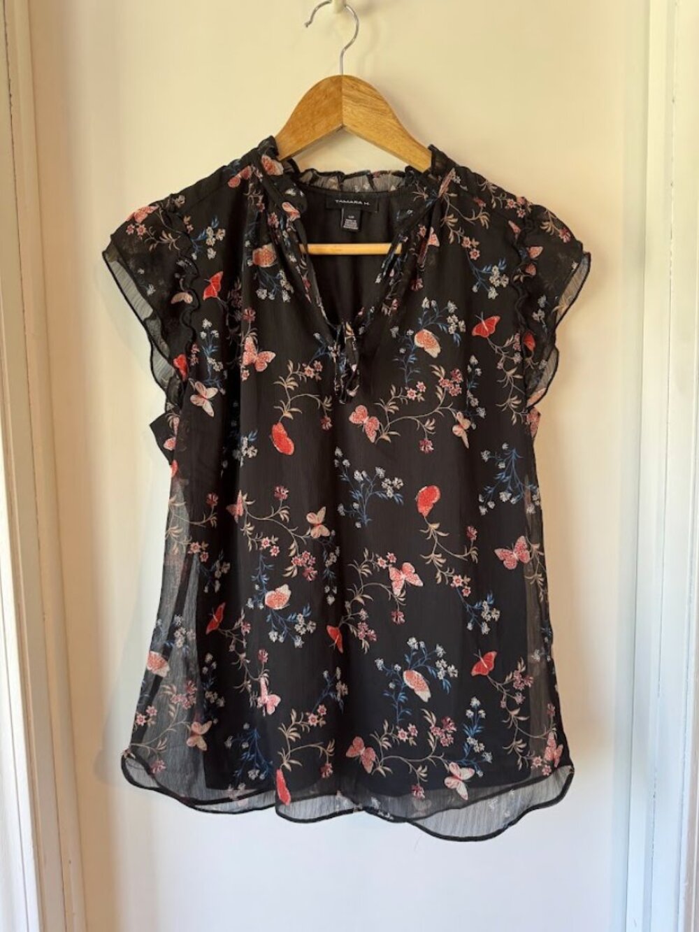 Tamara H black floral butterfly blouse size S